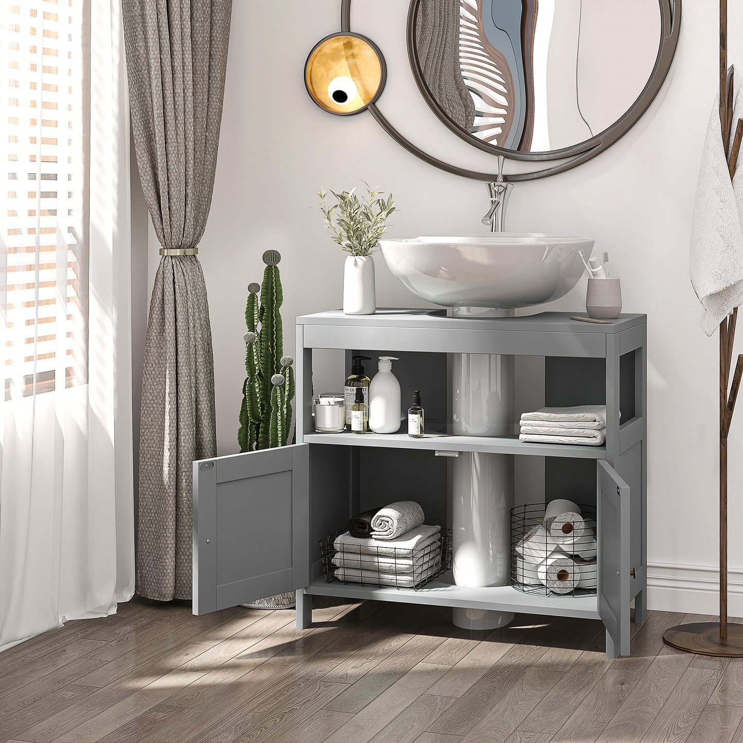 Kleankin Light Grey Modern Under Sink Bathroom Storage Cabinet with Shelves and Double Doors - ALL4U RETAILER LTD