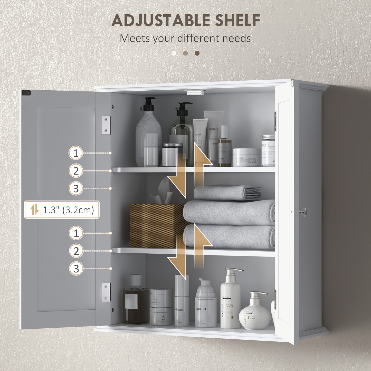 HOMCOM White Wall Mounted Bathroom Cabinet, 3 Tier Storage with Adjustable Shelf for Space Saving Organization