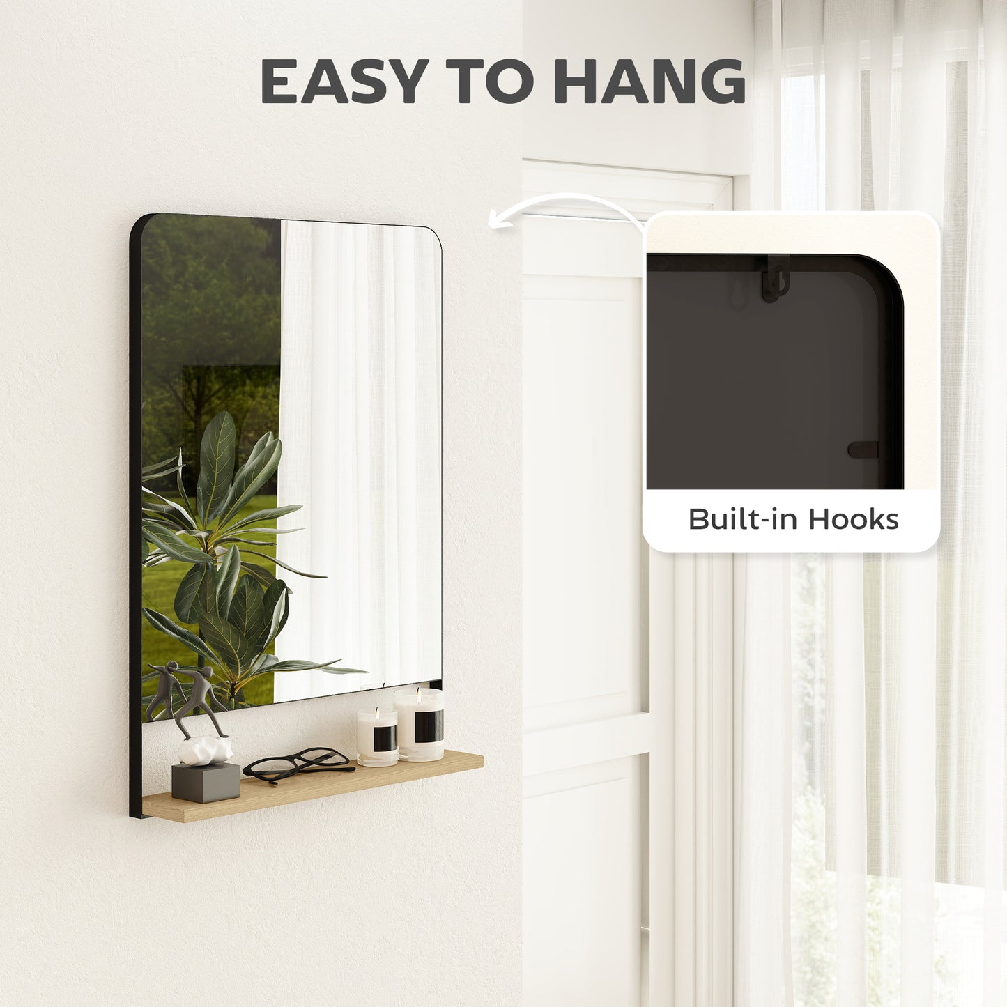 HOMCOM Wall Mirror With Wood Shelf Black Industrial Metal Frame Entryway Organizer And Decor