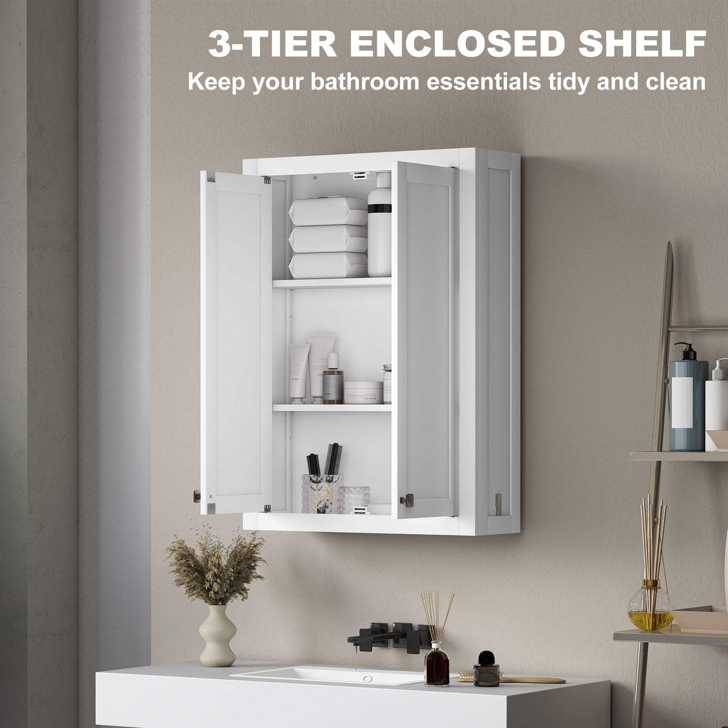 HOMCOM White Bathroom Wall Cabinet With Adjustable Shelves For Space Saving Wall Mounted Bathroom Storage