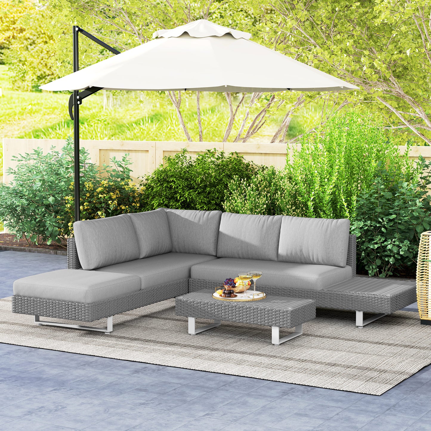 Outsunny Three Piece Rattan Sofa Set With Cushions And Table Light Grey Weather Resistant Outdoor Garden Furniture