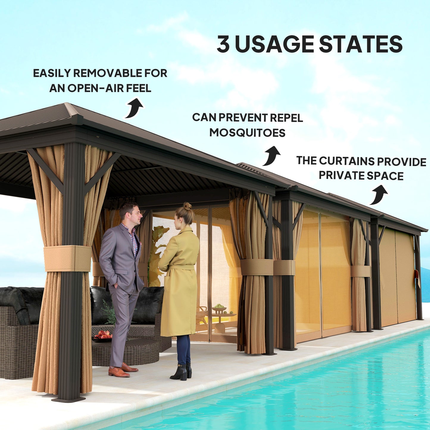 Outsunny 3.6 By 3 Metre Aluminium Hardtop Gazebo With Curtains Mesh Inset Brown With Accessories Included