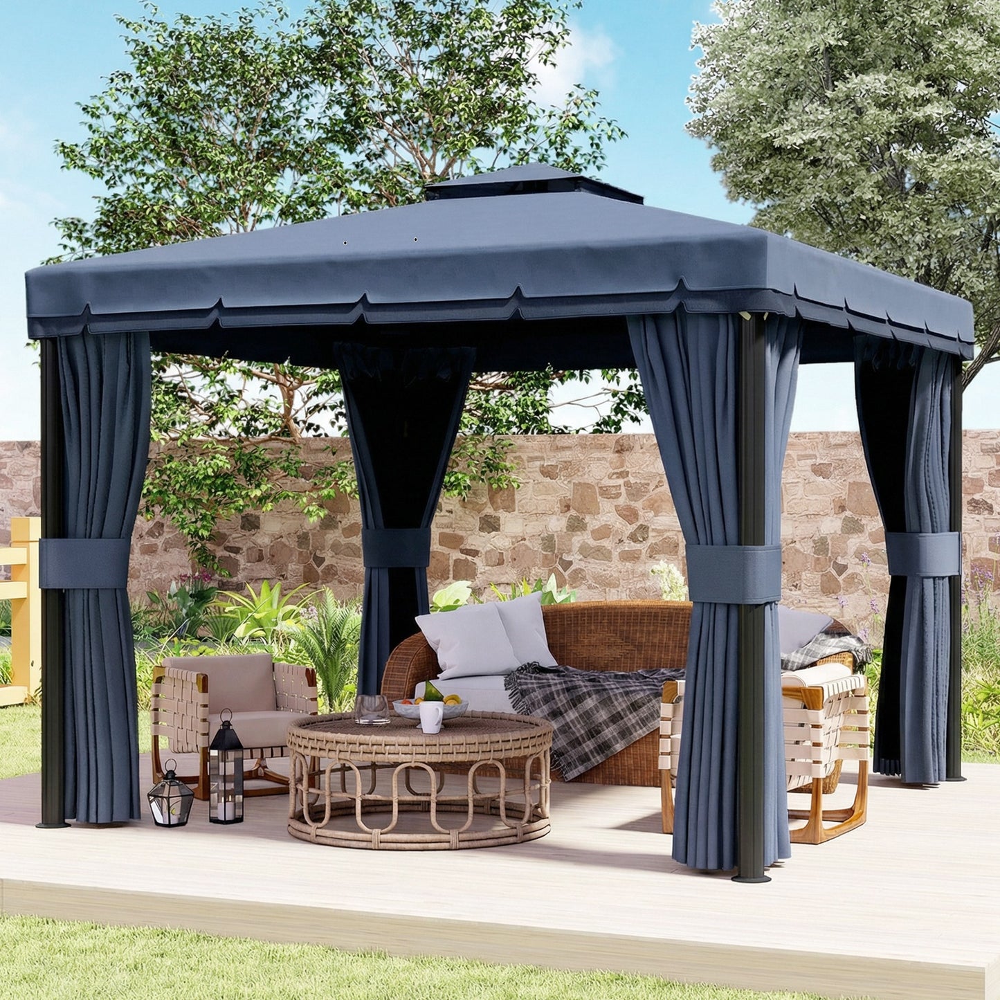 Outsunny 3x3m Patio Gazebo Canopy Garden Pavilion Tent Shelter Marquee With 2 Tier Roof Netting Curtains Dark Blue
