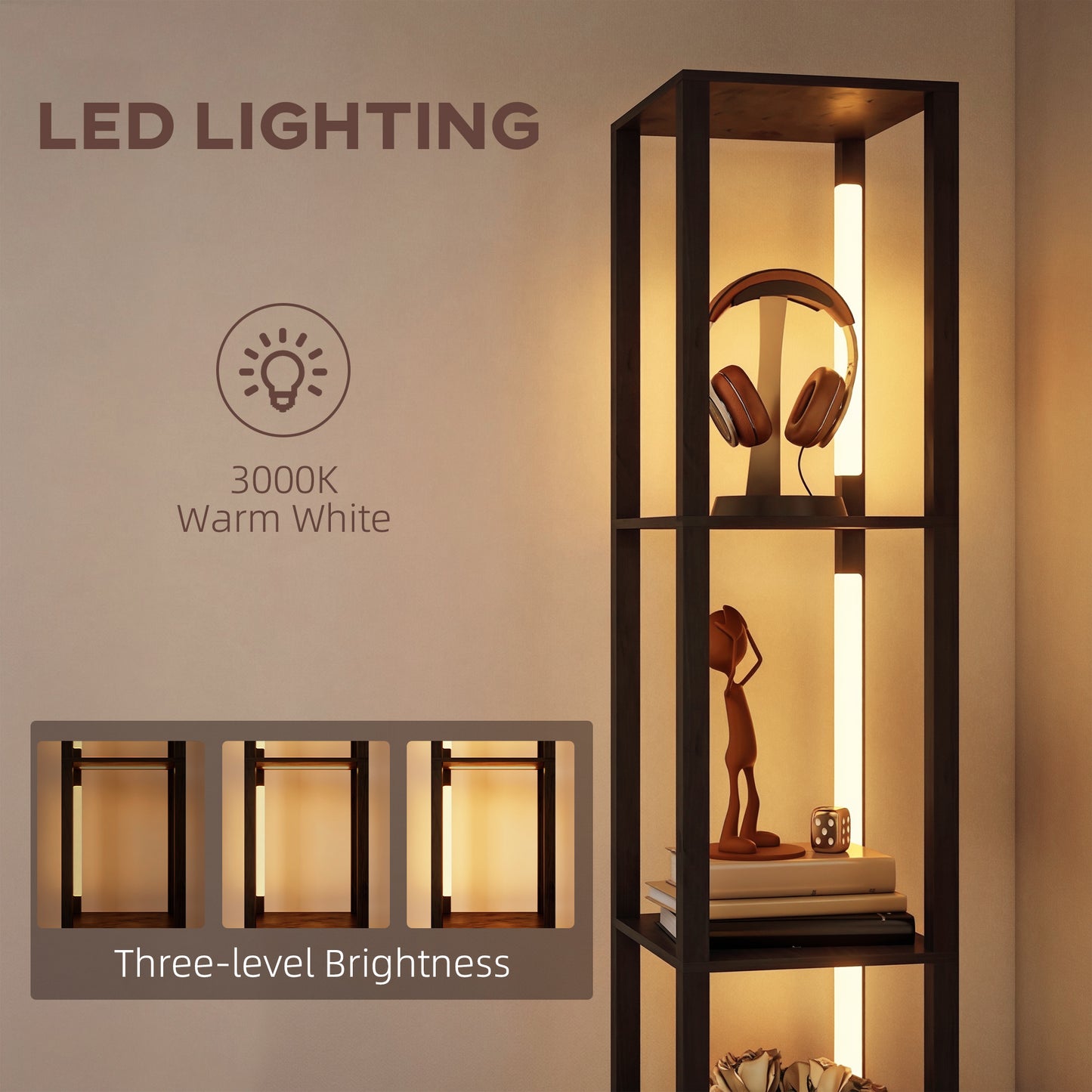 HOMCOM Floor Lamp With Shelves LED Column Modern Standing Lamp With Fabric Drawer And Foot Switch For Living Room Black