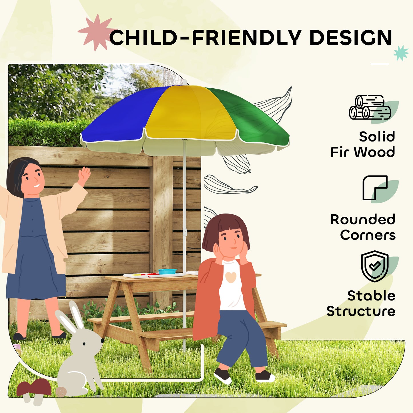 AIYAPLAY Kids Picnic Table With Sand And Water Bins Two Benches Adjustable Parasol Storage Multicolour Garden Furniture