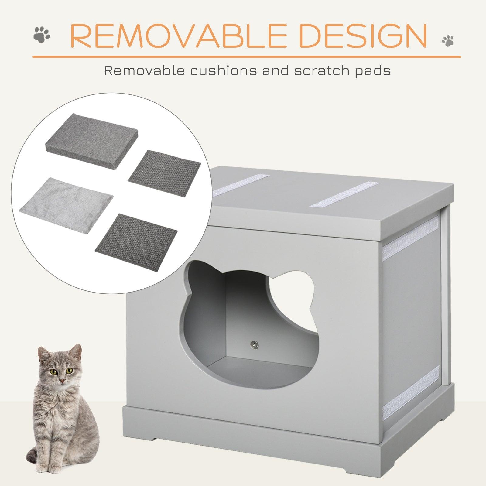 PawHut Cat House Bed Kitten Cave Cube Indoor with Scratching Pads and Soft Cushions, Grey 41x30x36 cm - ALL4U RETAILER LTD