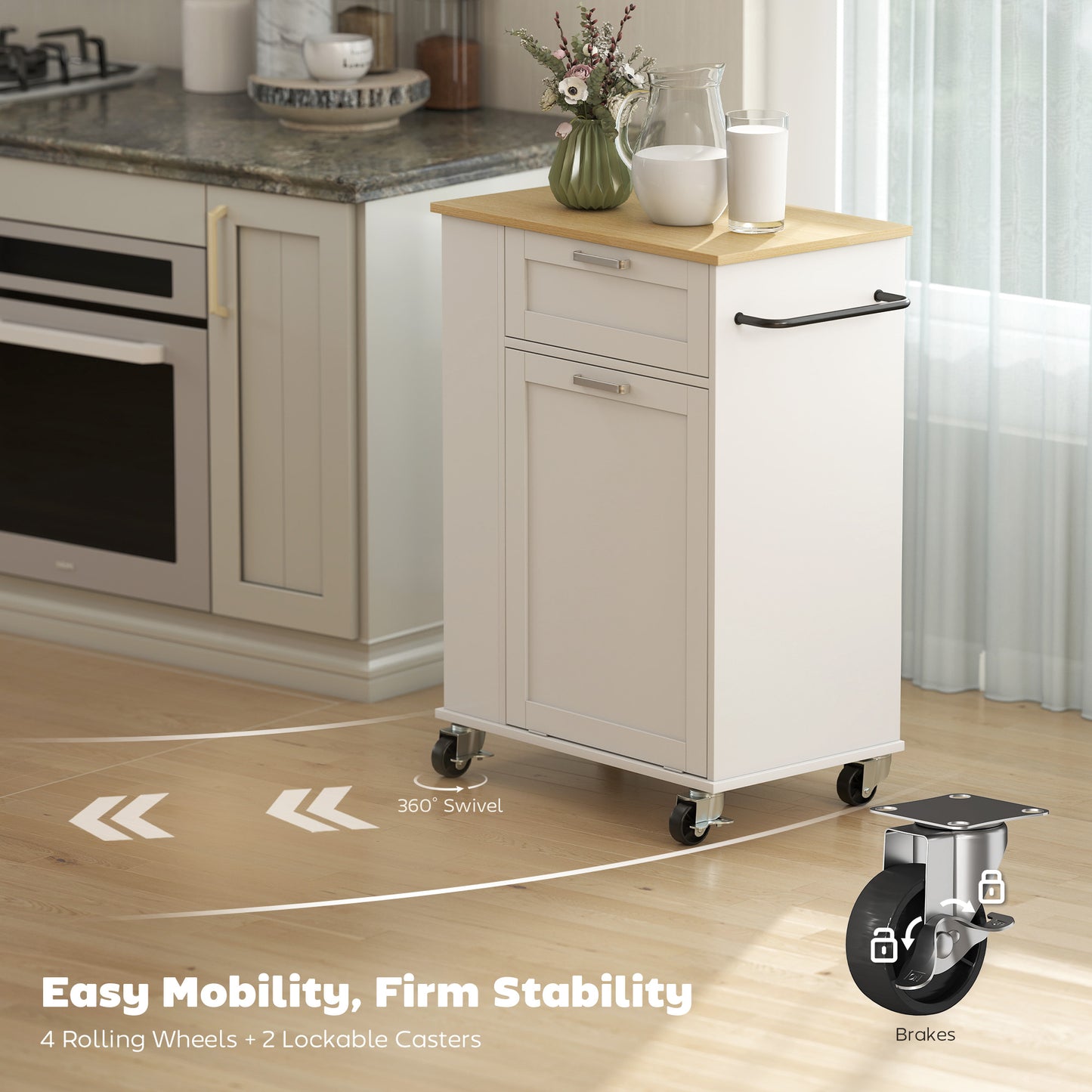 HOMCOM Kitchen Storage Trolley On Wheels Rolling Kitchen Island With 2 Drawers Tilt Out Rubbish Cabinet Storage White