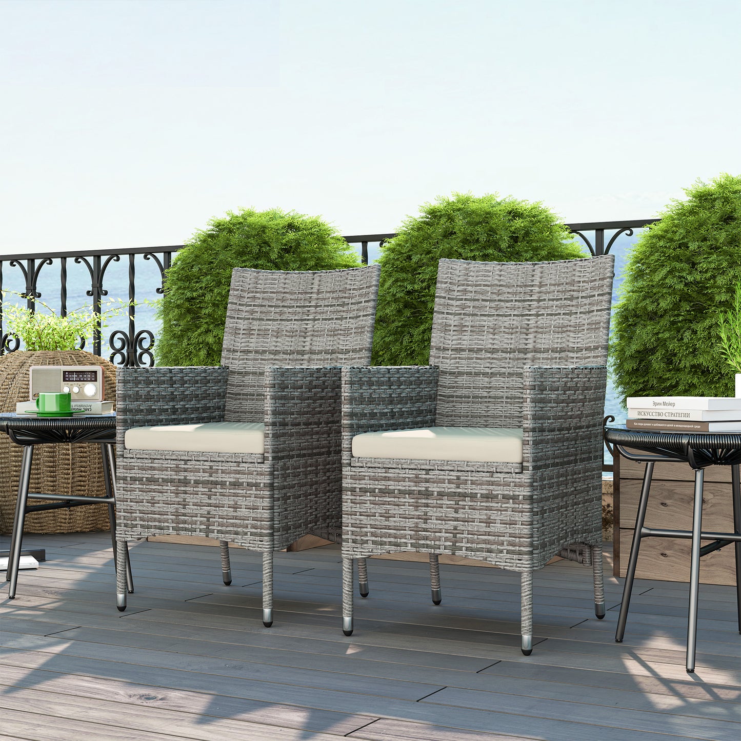 Outsunny Two Piece Rattan Garden Chairs Dining Set With Cushions Mixed Grey For Outdoor Patio Use