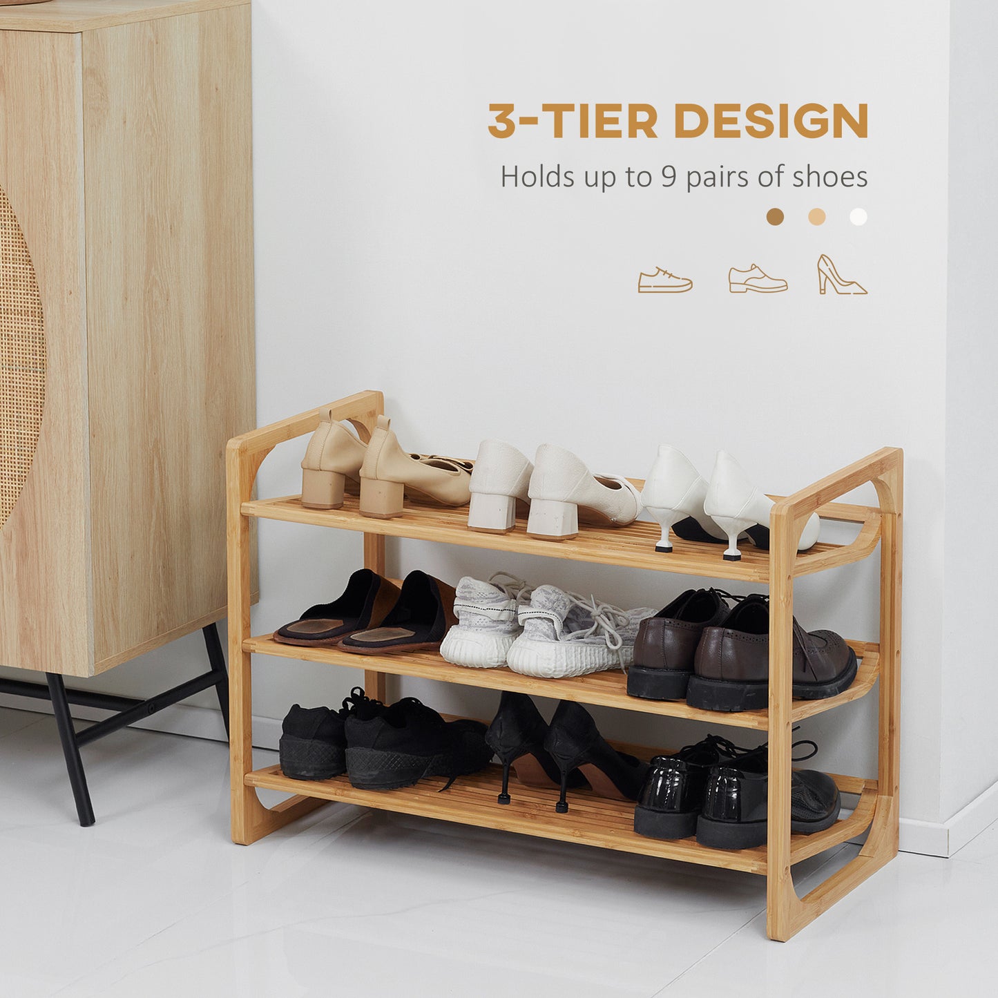 HOMCOM Three Tier Bamboo Shoe Rack With Slatted Shelves Free Standing Organizer For Nine Pairs Of Shoes Natural