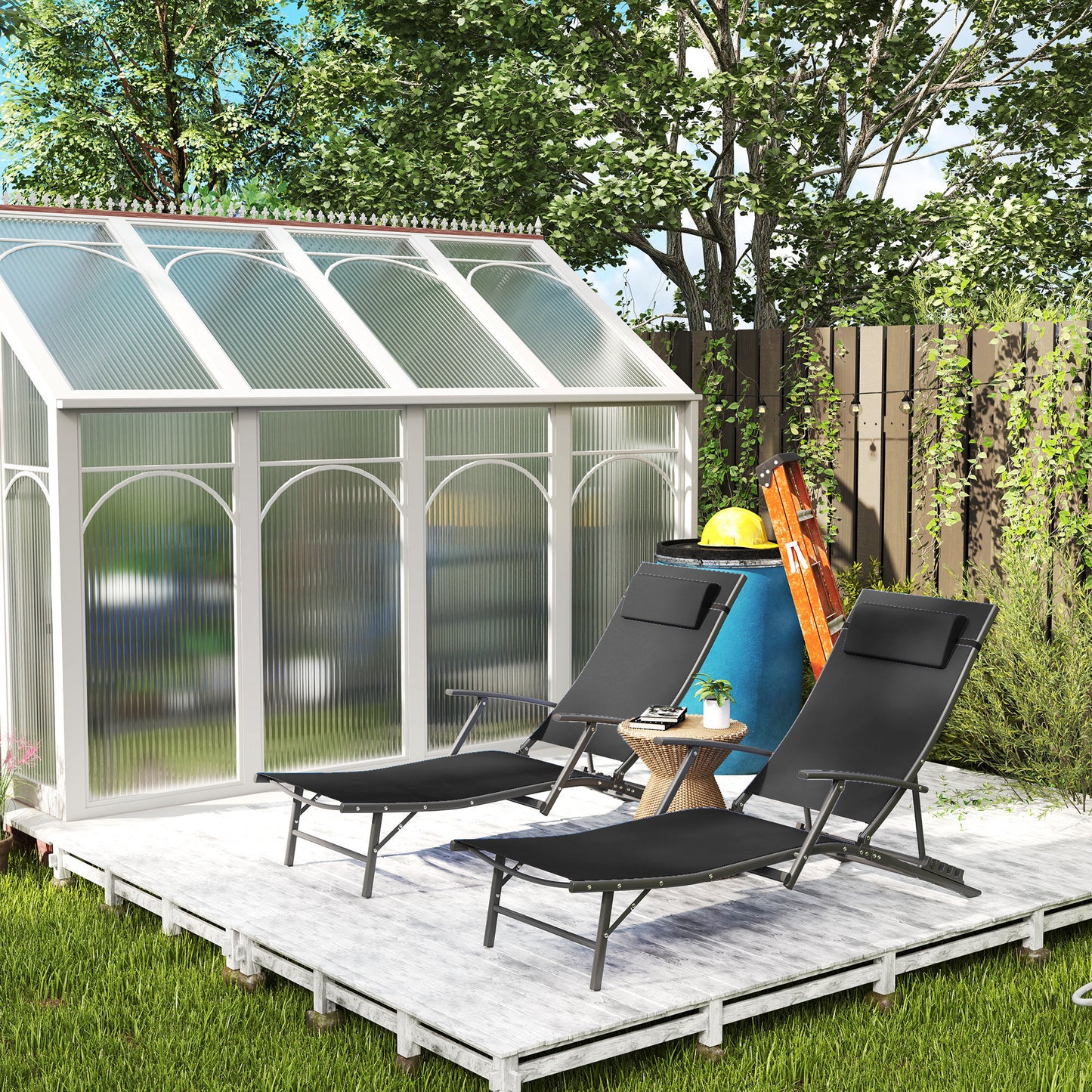 Outsunny Set of Two Adjustable Back Sun Loungers Black With Quick Dry Texteline Mesh and Cushioned Pillows