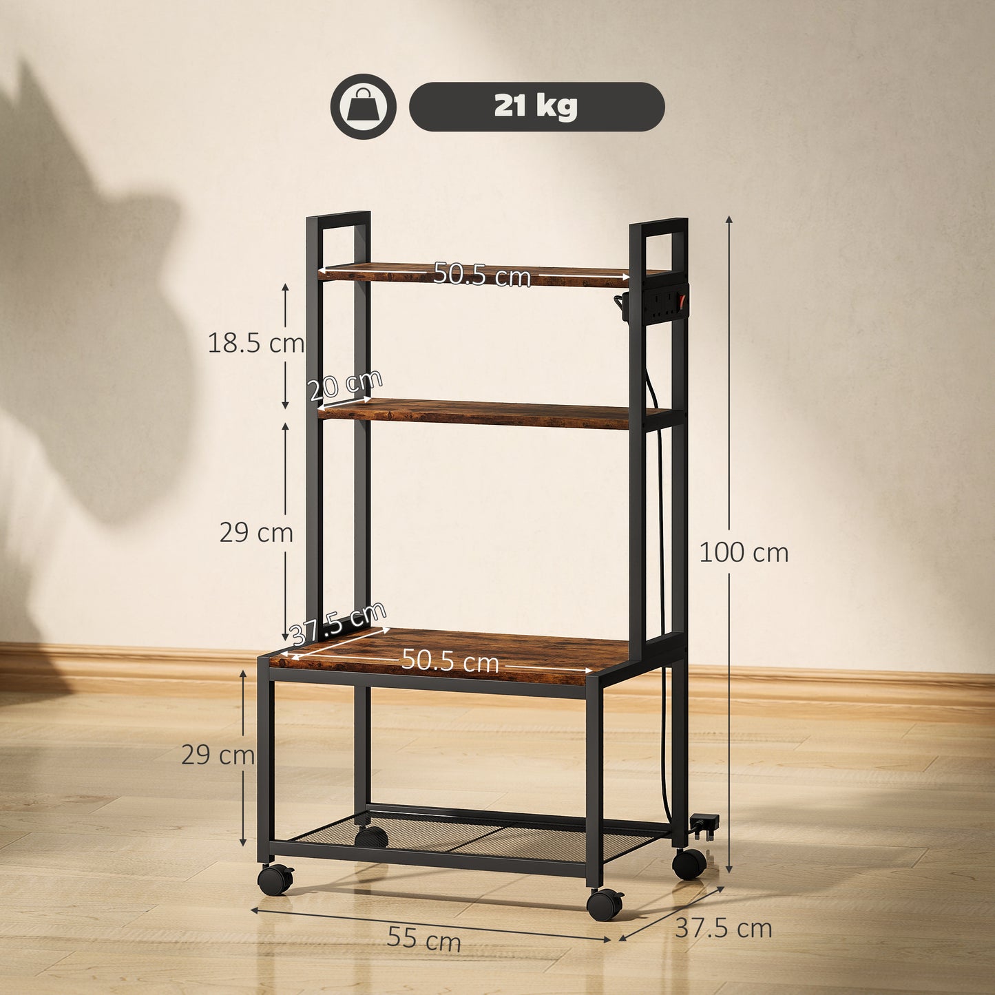 HOMCOM Four Tier Printer Stand With Power Outlets And Wheels Rustic Brown Storage Cart