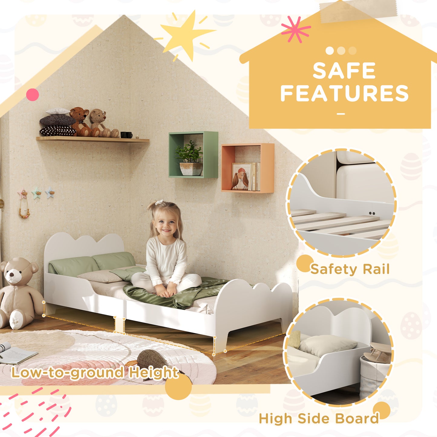 AIYAPLAY Cloud Themed Toddler Bed Frame With Safety Rails And Low Height For Easy Transition For Kids