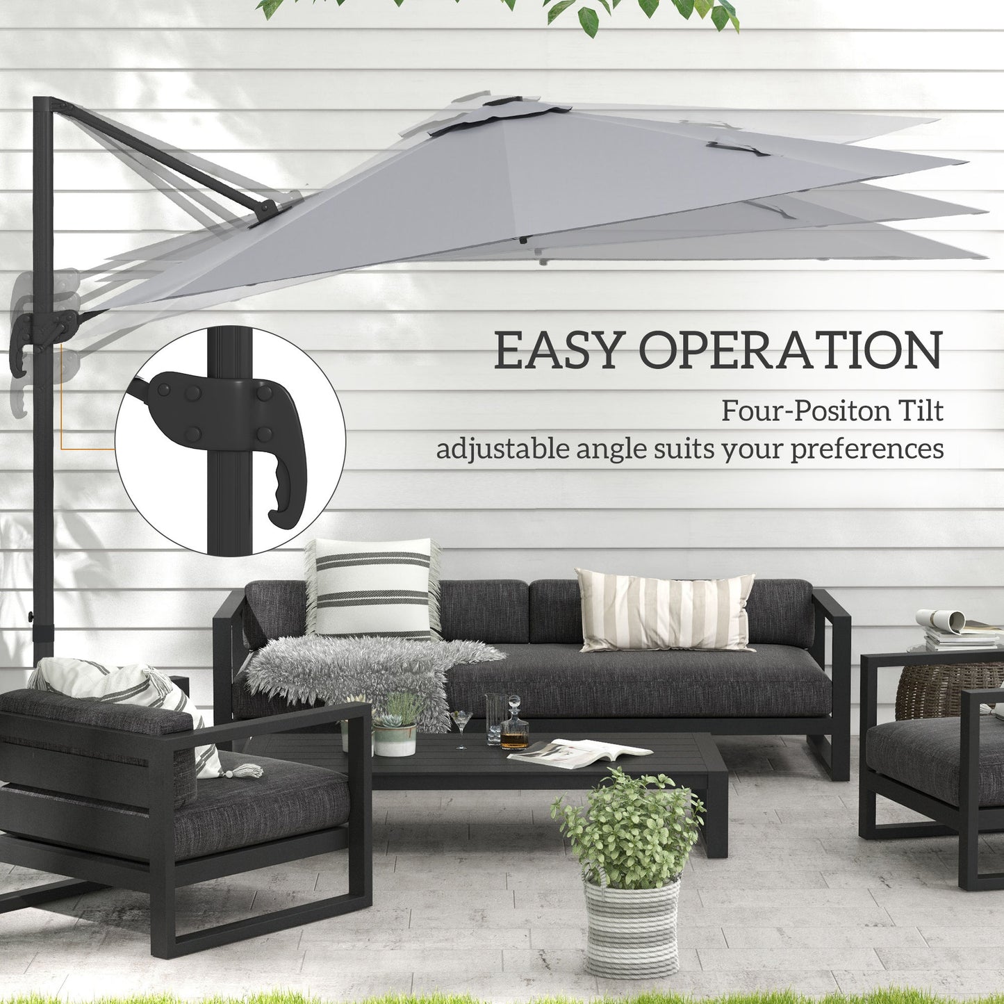 Outsunny 3m Solar-Powered Adjustable Cantilever Umbrella with LED Lights, Light Grey - ALL4U RETAILER LTD