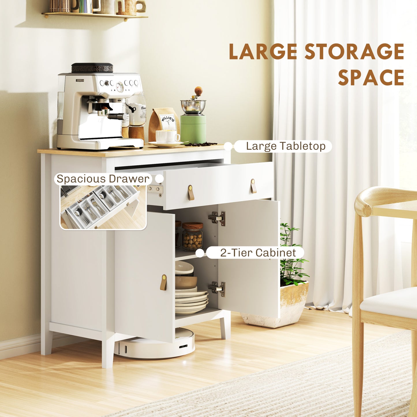 HOMCOM Farmhouse Style White Sideboard With Wood Effect Top And Faux Leather Handles For Kitchen Storage And Living Room