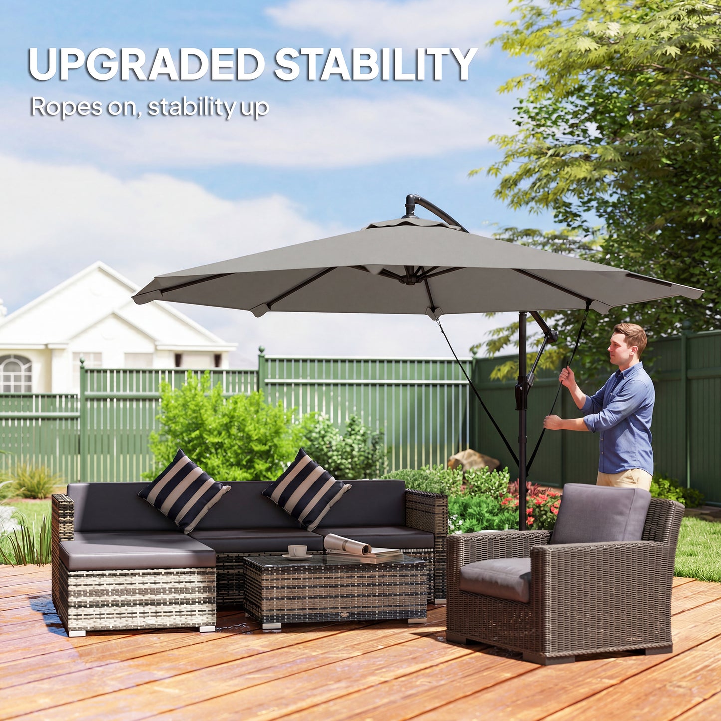 Outsunny 3 Meter Cantilever Parasol With Protective Cover And Wind Ropes Banana Parasol With Crank Handle Light Grey