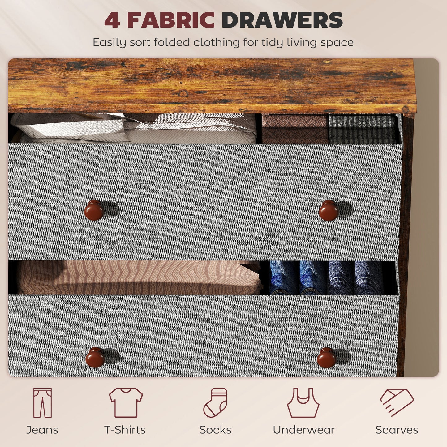 HOMCOM Chest Of Drawers Four Fabric Drawers Grey And Rustic Brown Wood Effect MDF Steel Frame