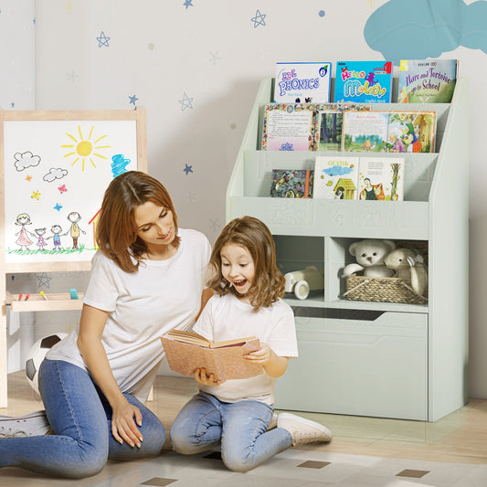 HOMCOM Kids Bookshelf Toy Organizer With Storage Drawer And Wheels Green For Bedroom Playroom