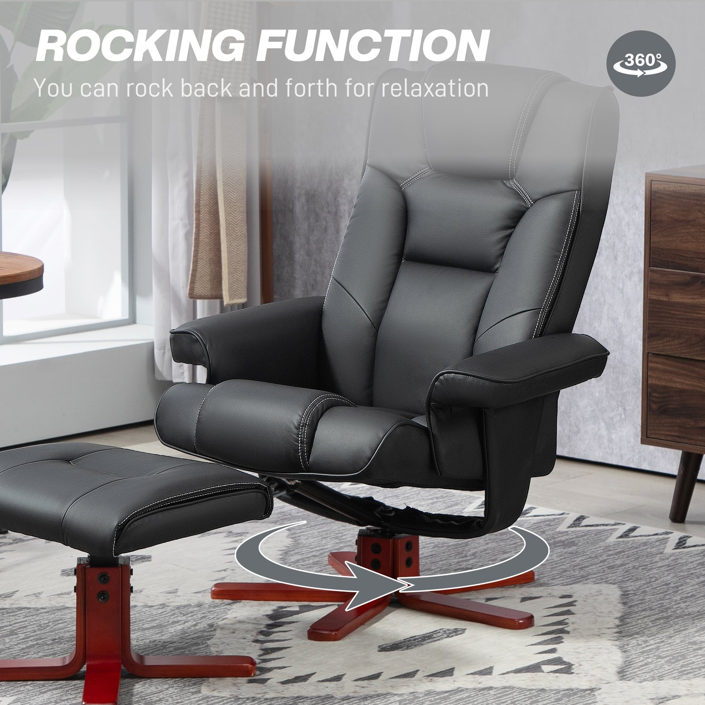 HOMCOM Black Faux Leather Reclining Armchair with Footstool - Manual Adjustments - ALL4U RETAILER LTD