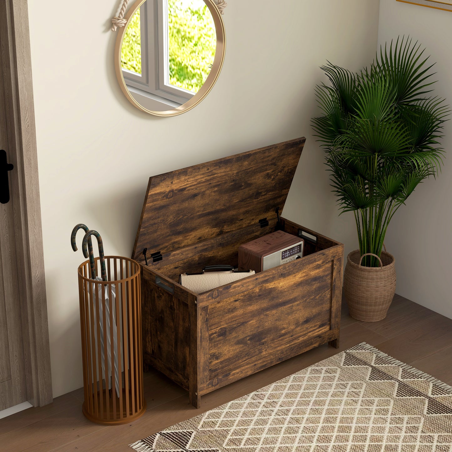 HOMCOM Storage Chest Bench With 2 Safety Hinges And Cut Out Handles Rustic Brown Wooden Toy Box For Living Room