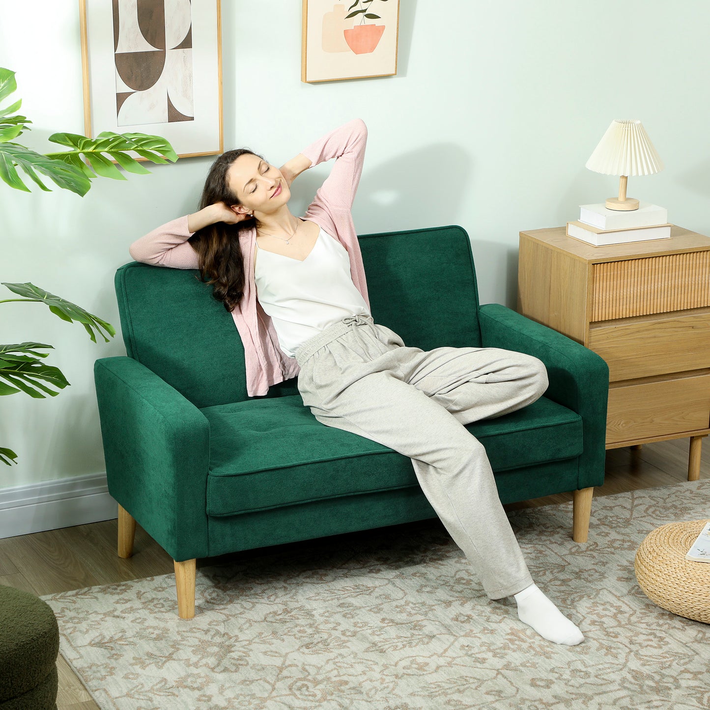 Homcom Velvet Feel Two Seater Sofa Green With S Springs And Wooden Legs Anti Slip Pads