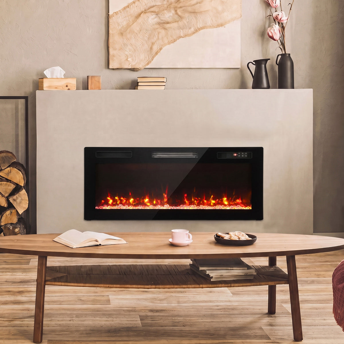 Wall-mounted electric fireplace set into a white surround with black viewing panel