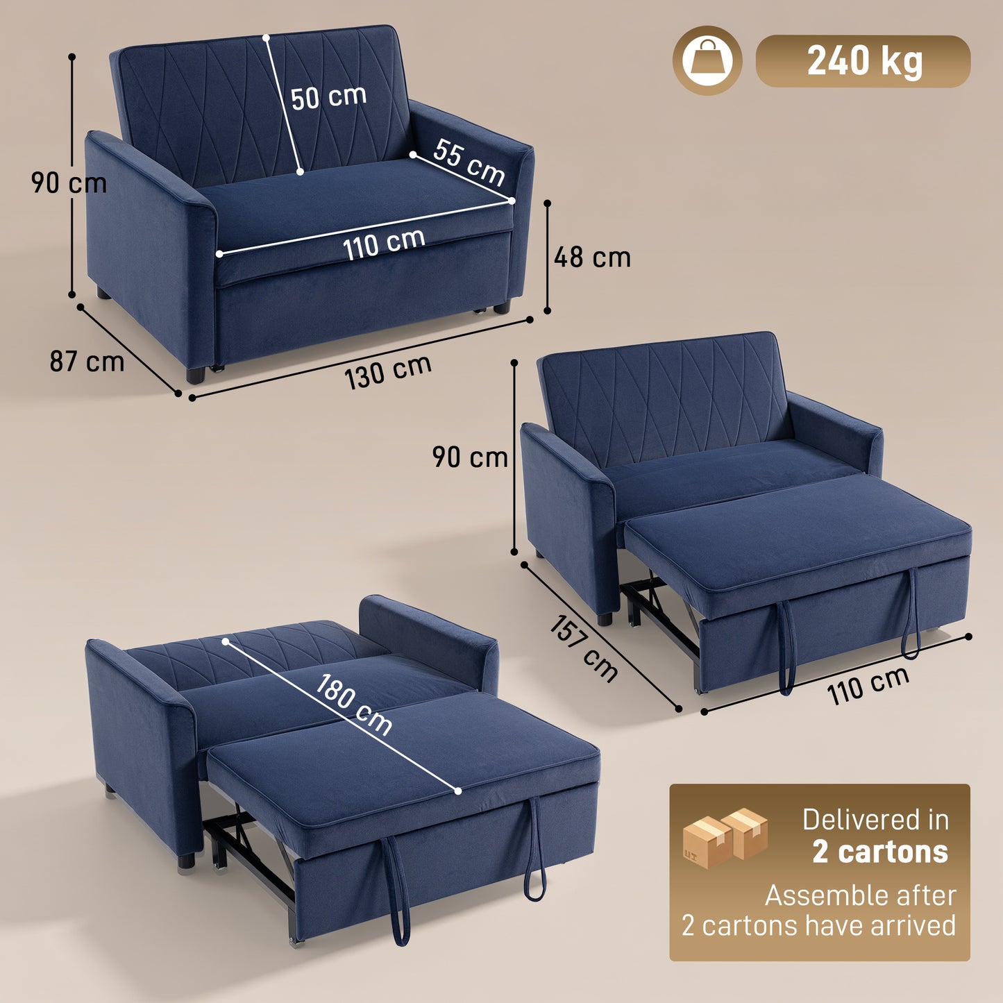 HOMCOM 2 Seater Sofa Bed 3 In 1 Convertible Pull Out Sleeper Sofa With Clik Clack Adjustable Backrest Dark Blue Velvet