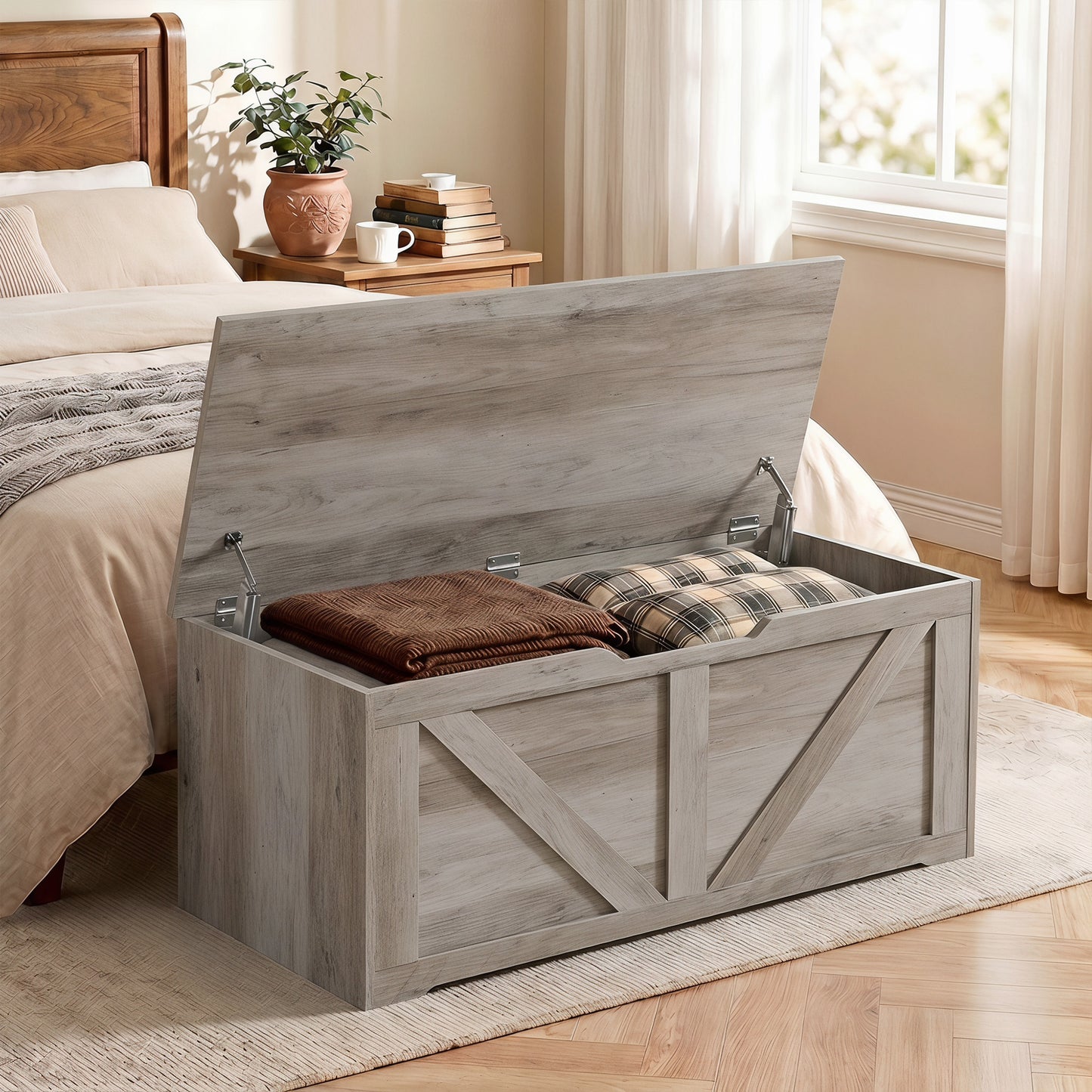 HOMCOM 127L Storage Box Bench With Safety Hinges Grey Wood Effect Durable Particle Board