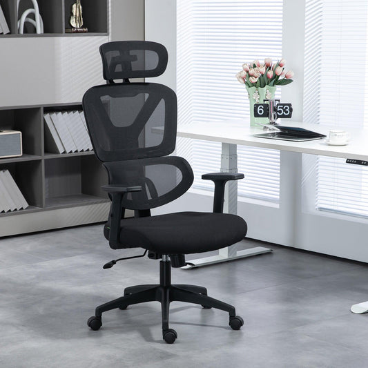 Vinsetto Mesh Office Chair, Height Adjustable Desk Chair with Lumbar Support, Swivel Wheels and Adjustable Headrest, Black - ALL4U RETAILER LTD