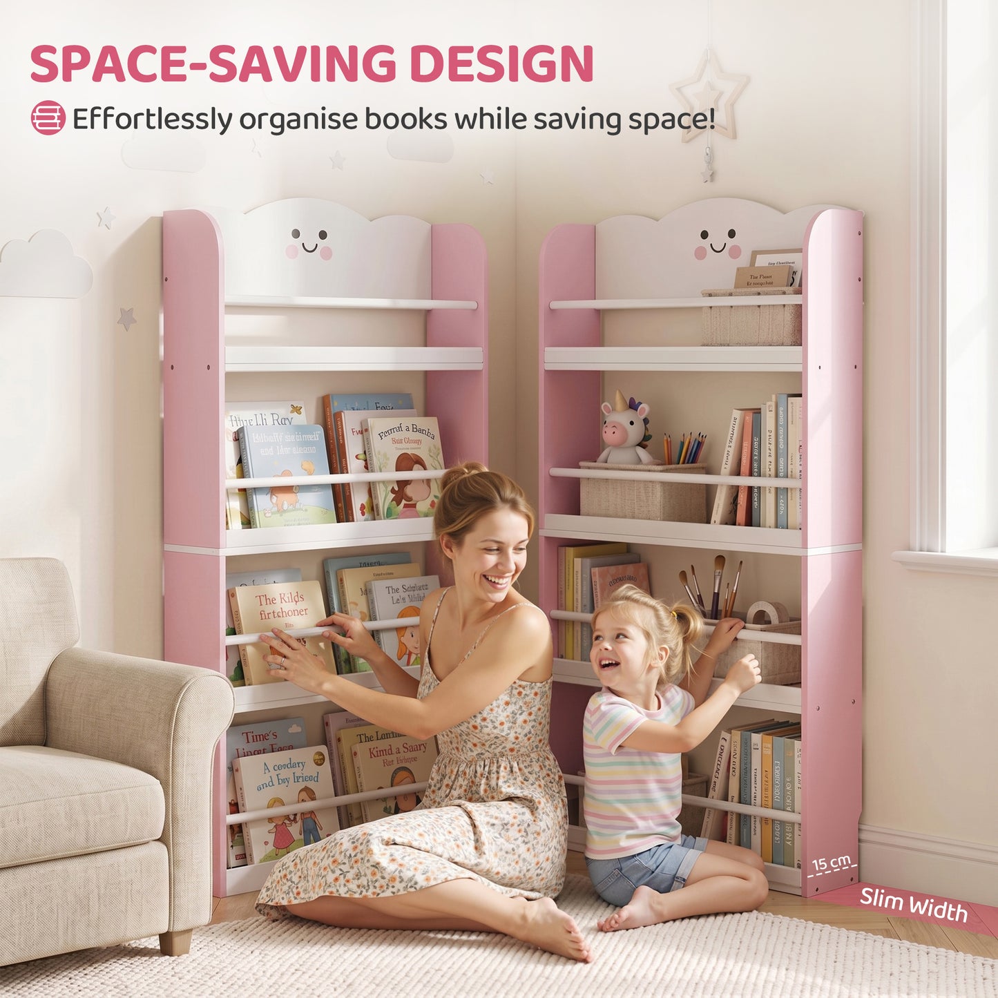 AIYAPLAY 4 Tier Kids Bookshelf Wall Mounted Pink Bookcase Toddler Playroom And Kids Room
