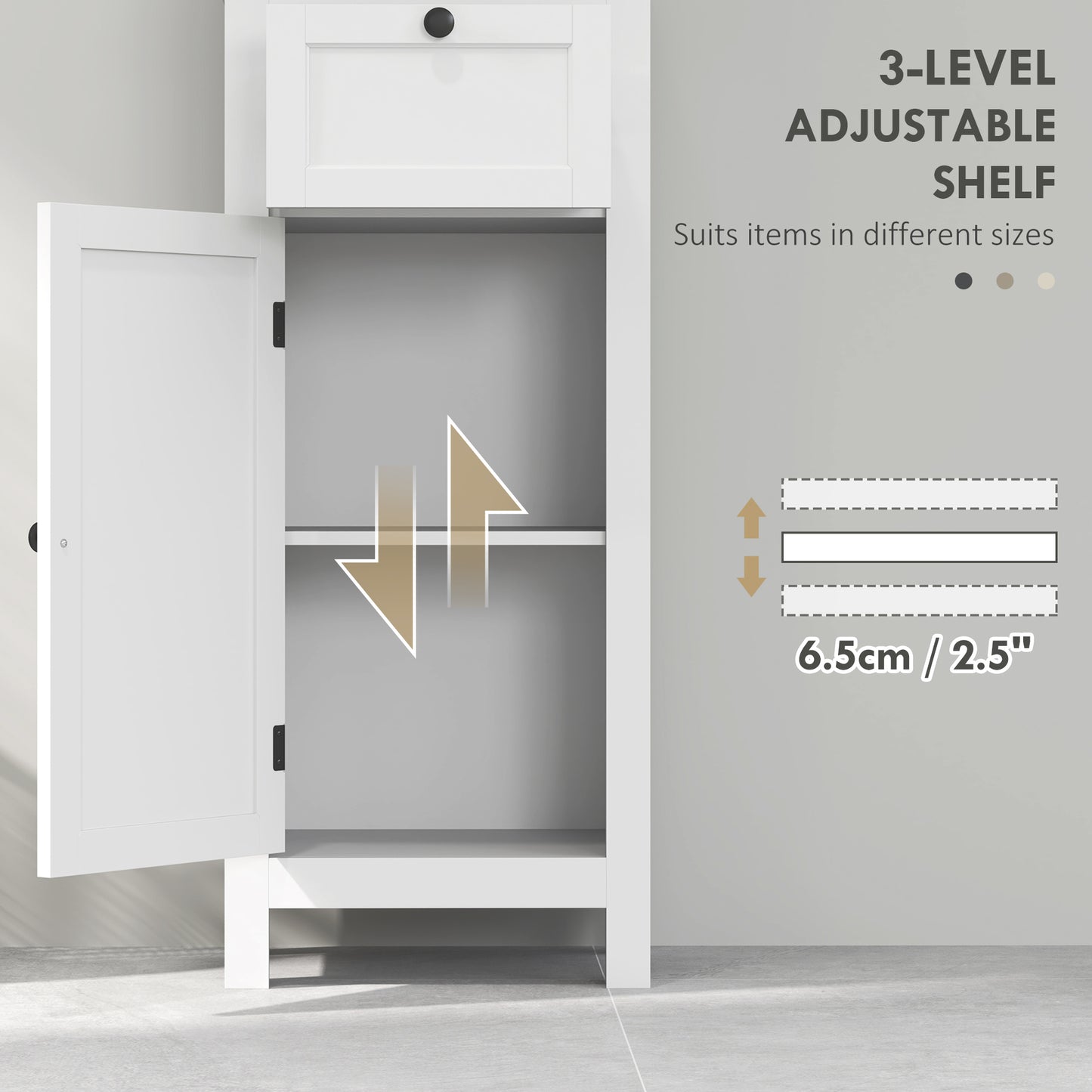 HOMCOM Tall Slim Bathroom Cabinet With Two Open Shelves Soft Close Door And Drawer Adjustable Shelf White