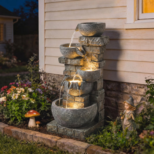 Outsunny Outdoor Water Fountain With LED Lights 80 Cm Five Tiers Cascading Water Feature For Garden Patio Home Decor