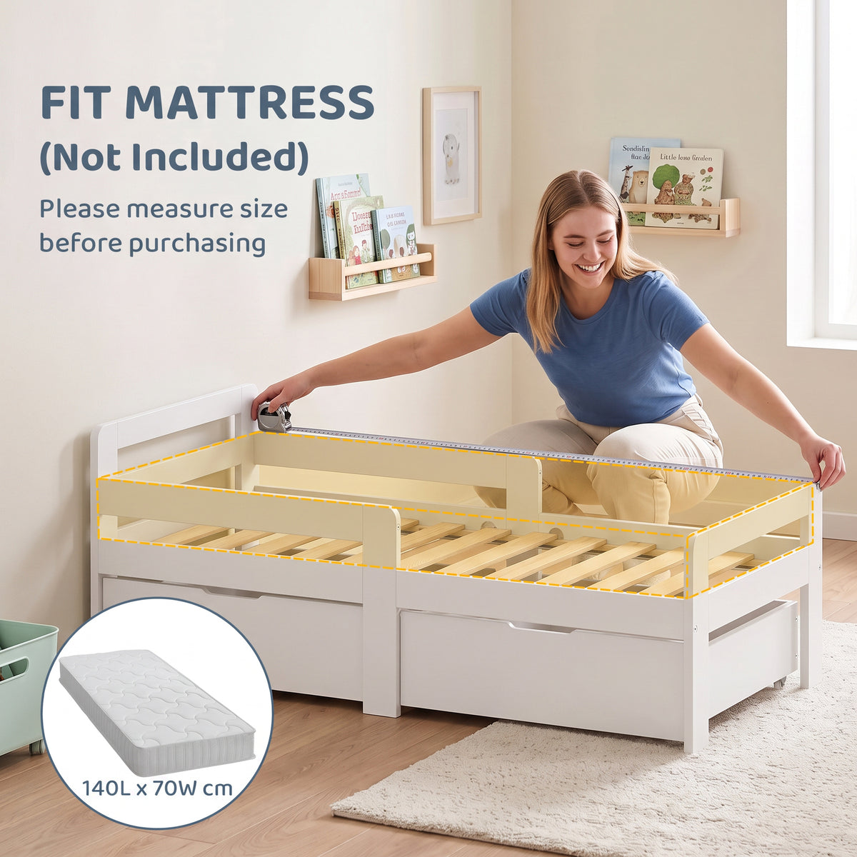 Kids bed frame with slatted wooden base and two storage drawers; mattress not included