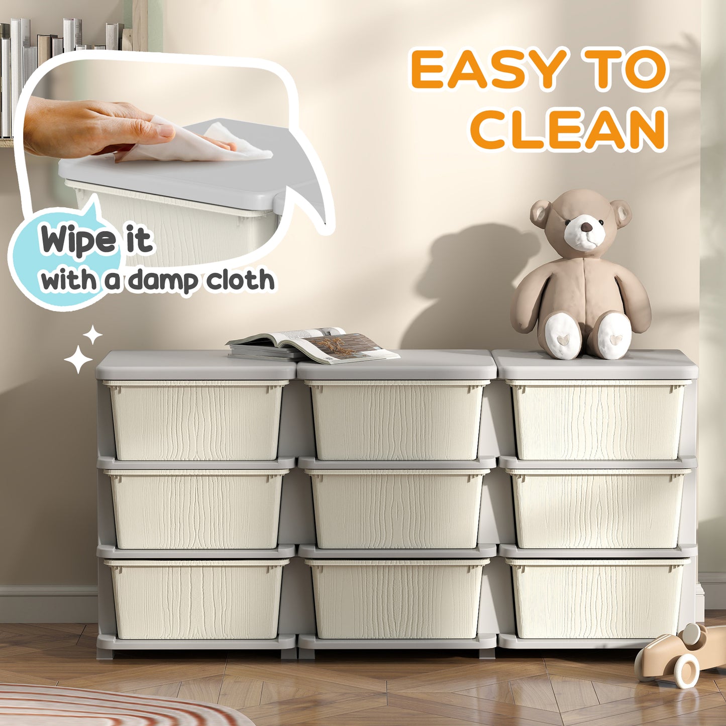 HOMCOM Kids Storage Unit With Nine Drawers Cream Plastic Toy Organizer For Toys And Books
