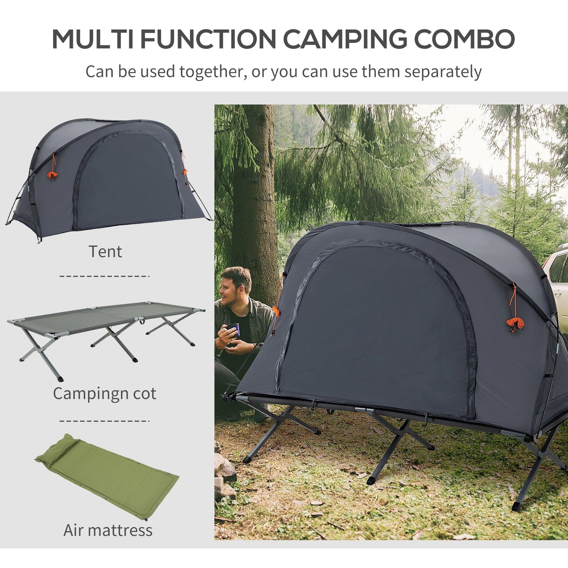 Outsunny Folding Camping Tent Cot, Portable Tent Shelter Combo with Self-Inflating Air Mattress Carry Bag for 1 Person - ALL4U RETAILER LTD