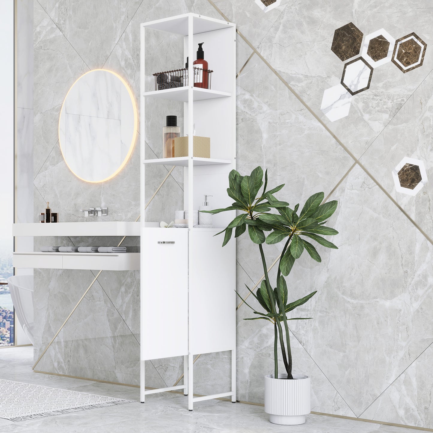 HOMCOM Tall Slim Bathroom Cabinet With Open Shelves And Closed Compartments White Five Level Adjustable Shelf