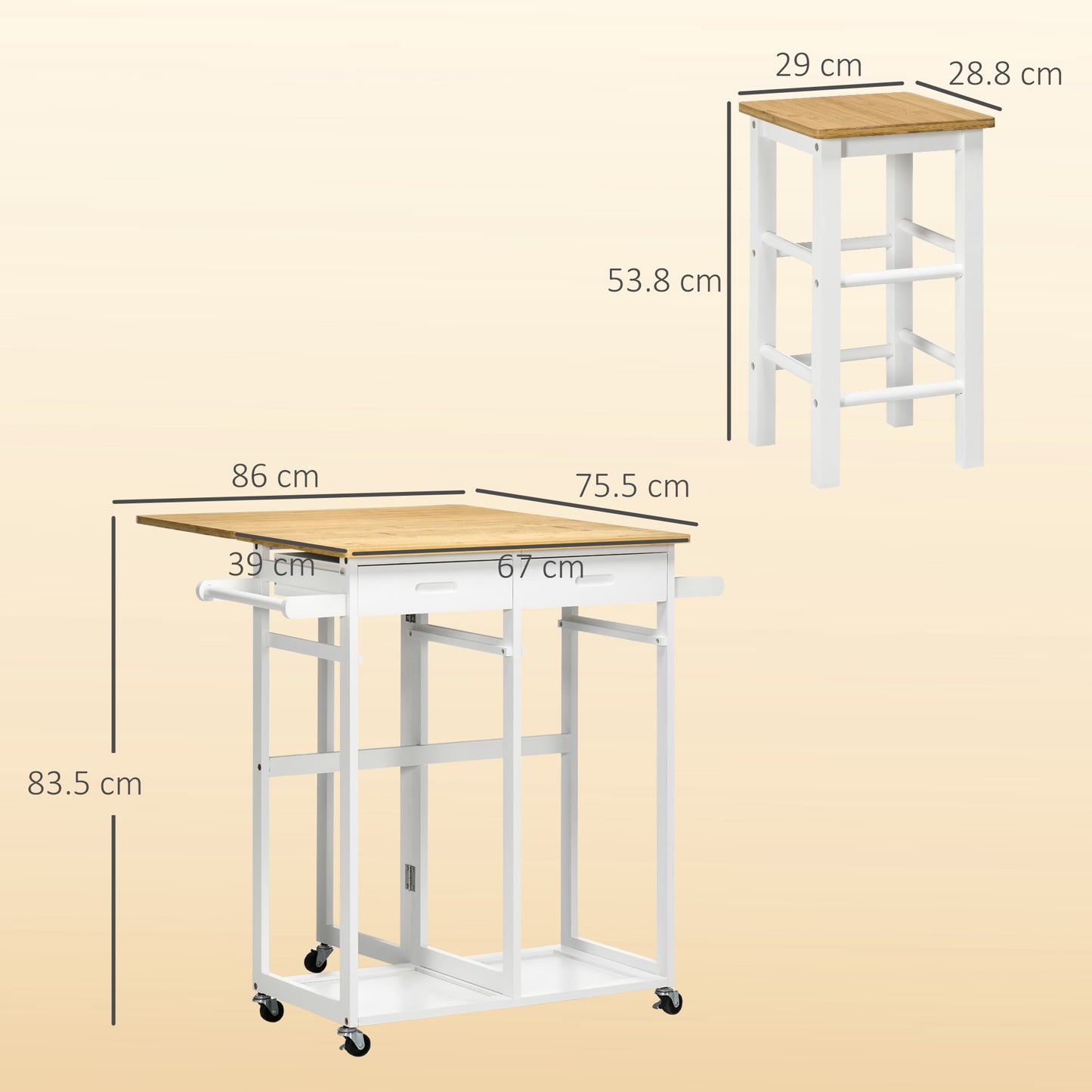 HOMCOM Bamboo Kitchen Island Cart With Drop Leaf Breakfast Bar 2 Stools Drawers Towel Rack Rolling Cart White