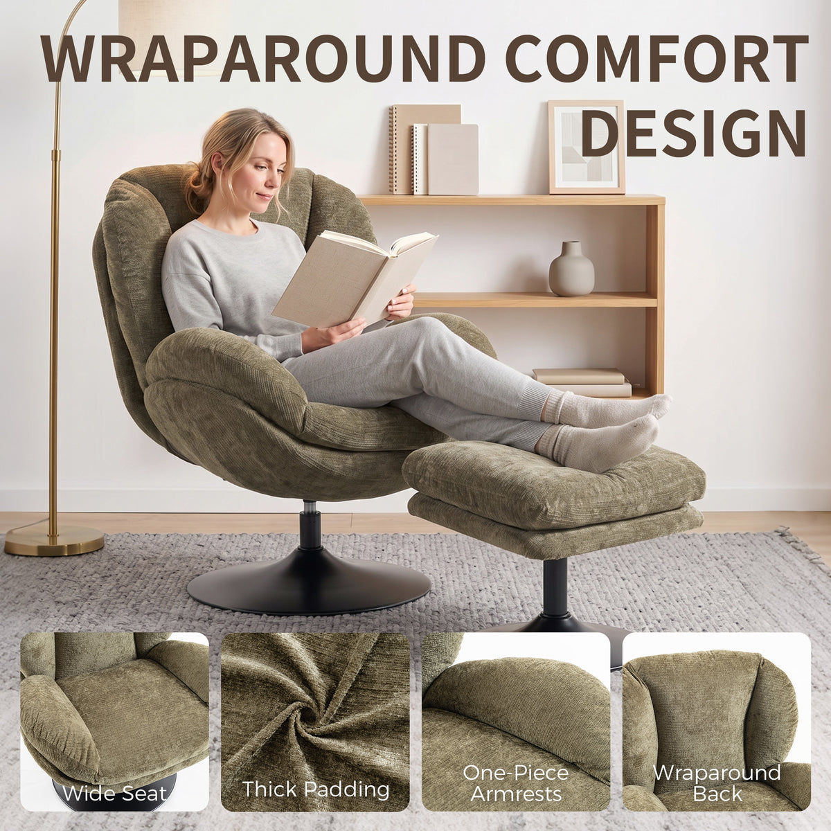 HOMCOM Modern Chenille 360 Degree Swivel Accent Chair With Ottoman Dark Green