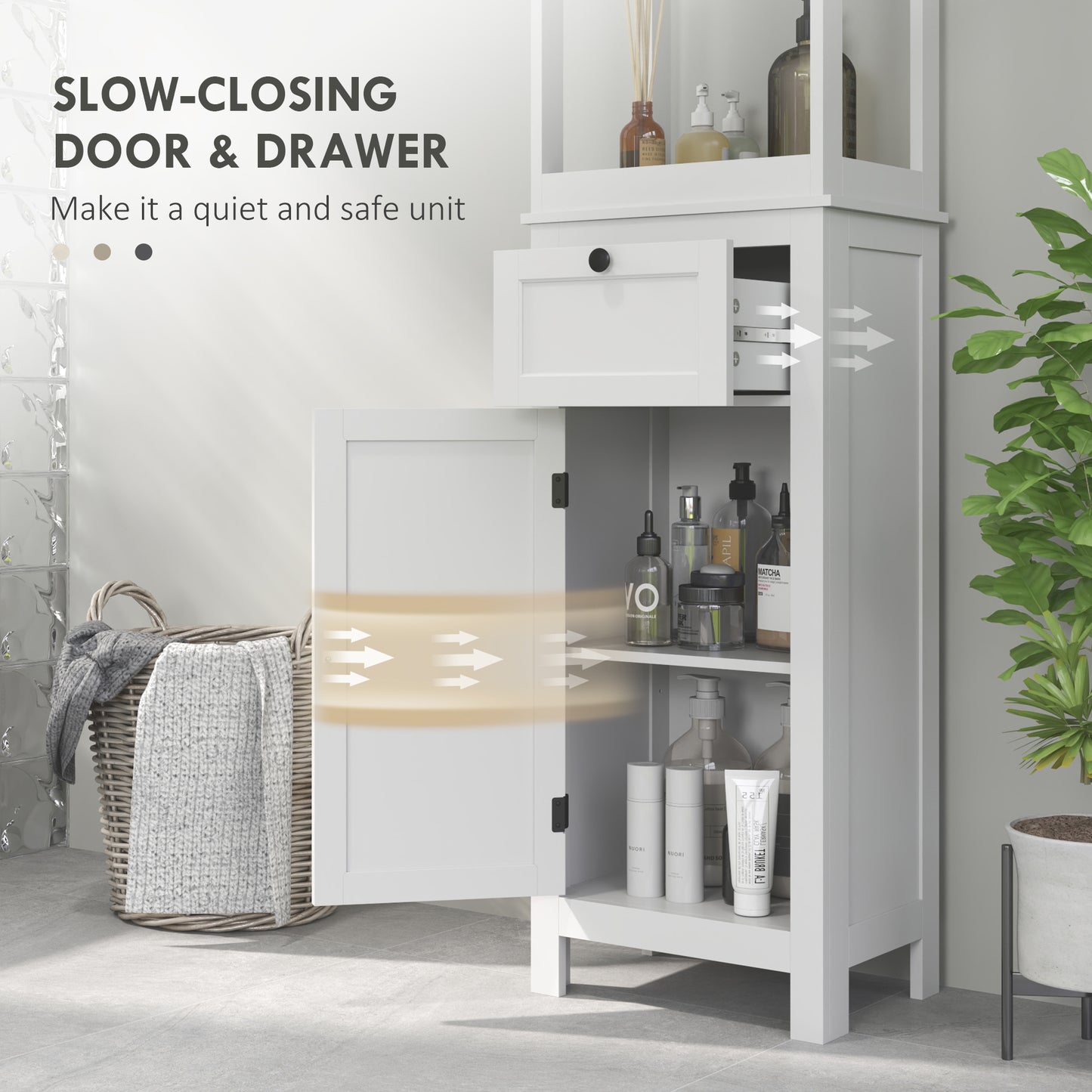 HOMCOM Tall Slim Bathroom Cabinet With Two Open Shelves Soft Close Door And Drawer Adjustable Shelf White
