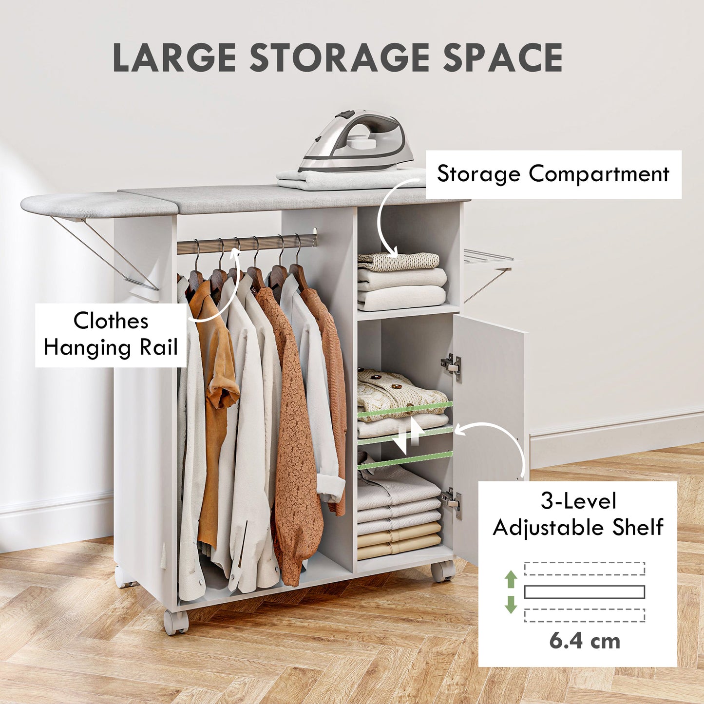 HOMCOM Rolling Ironing Board Cabinet With Foldable Top And Storage Wheeled Ironing Station For Home Laundry White