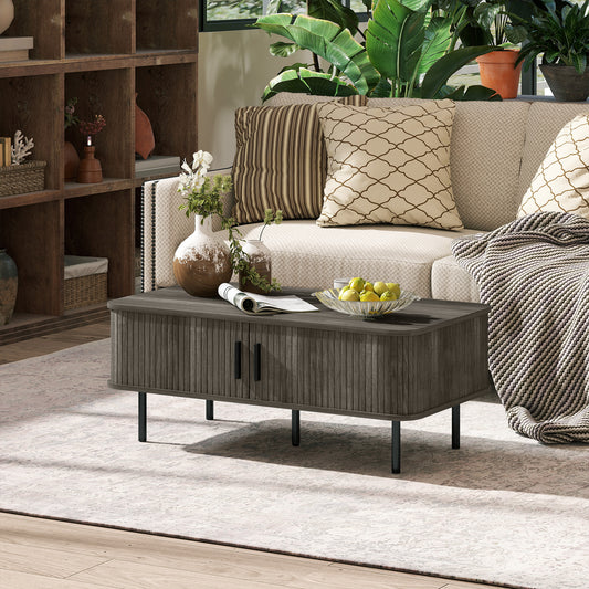HOMCOM Coffee Table With Storage And Slatted Tambour Doors Elevated Base Grey Wood Effect Rectangular Living Room Table