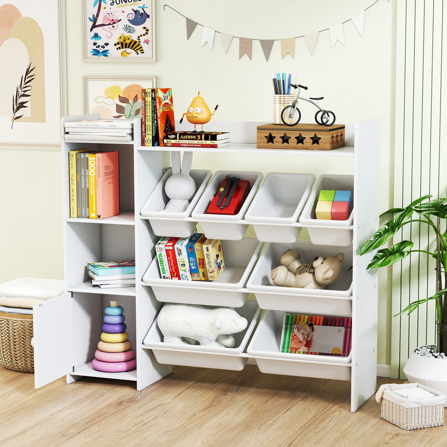 AIYAPLAY Toy Storage Unit With 8 Removable Bins And Shelves And Cabinet In White For Kids Bedrooms And Playrooms