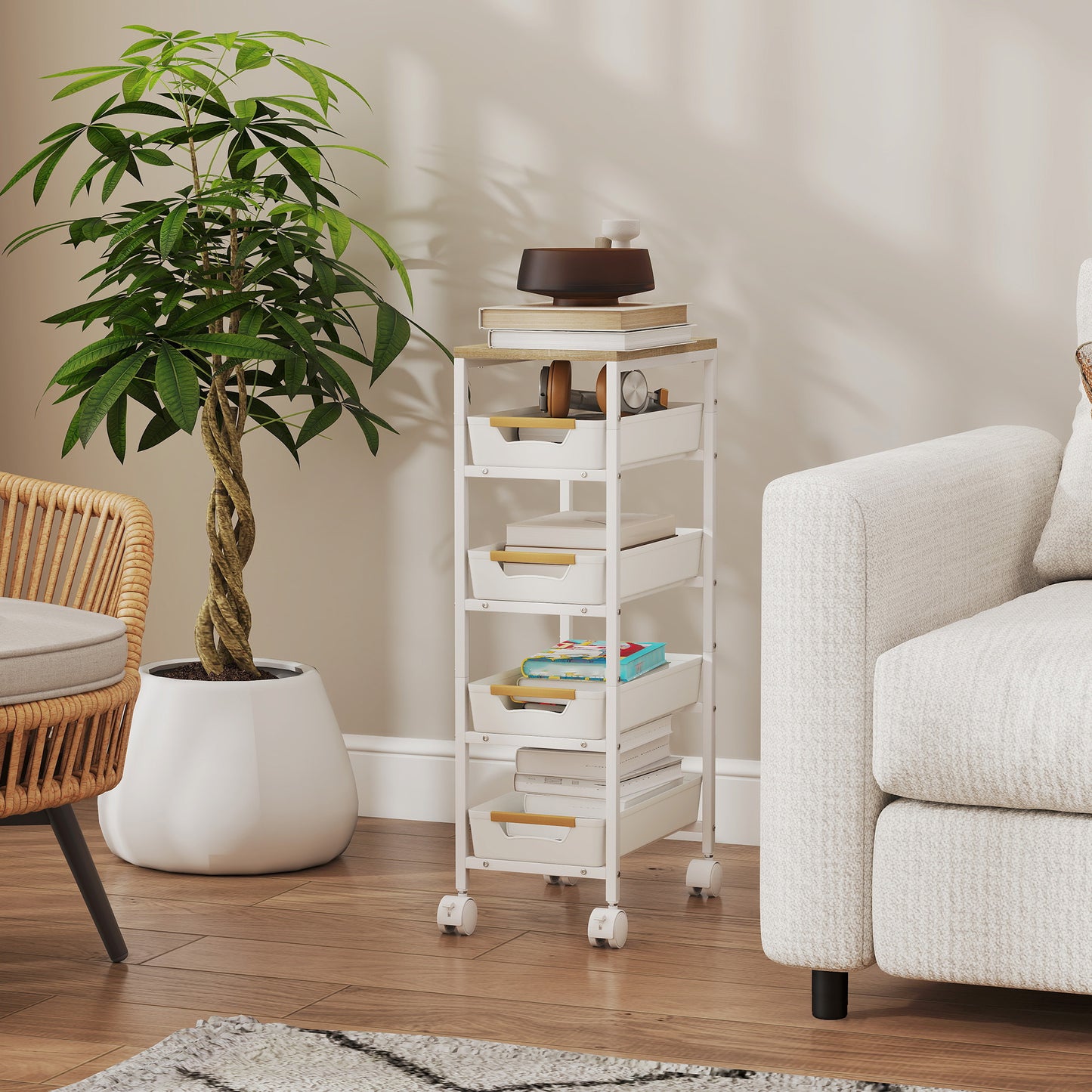 HOMCOM Five Tier Storage Trolley On Wheels White Kitchen Cart With Wood Effect Top And Four Pull Out Drawers