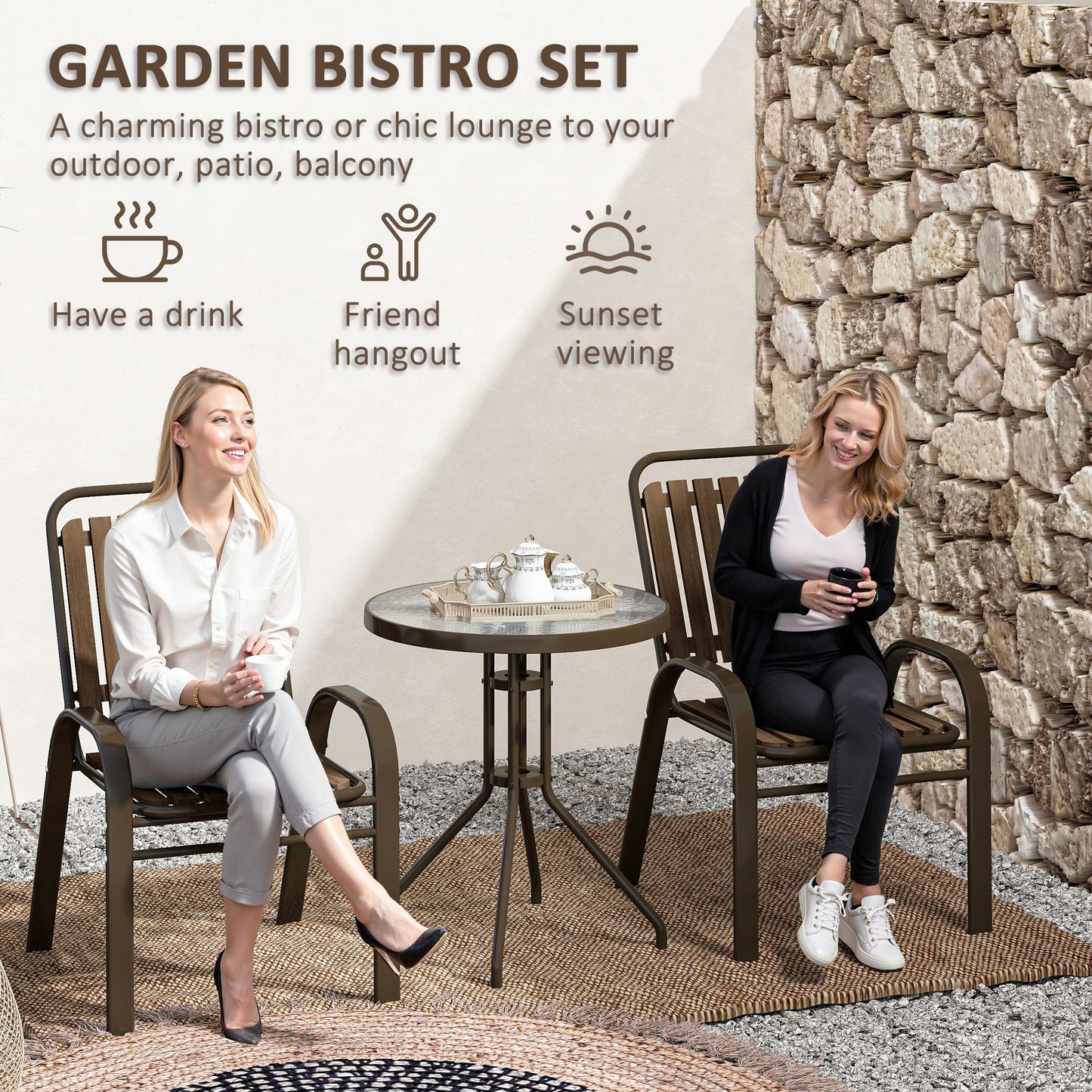 Outsunny 3 Pieces Patio Bistro Set With Stackable Chairs And Tempered Glass Table For Outdoor Balcony Garden Dark Brown