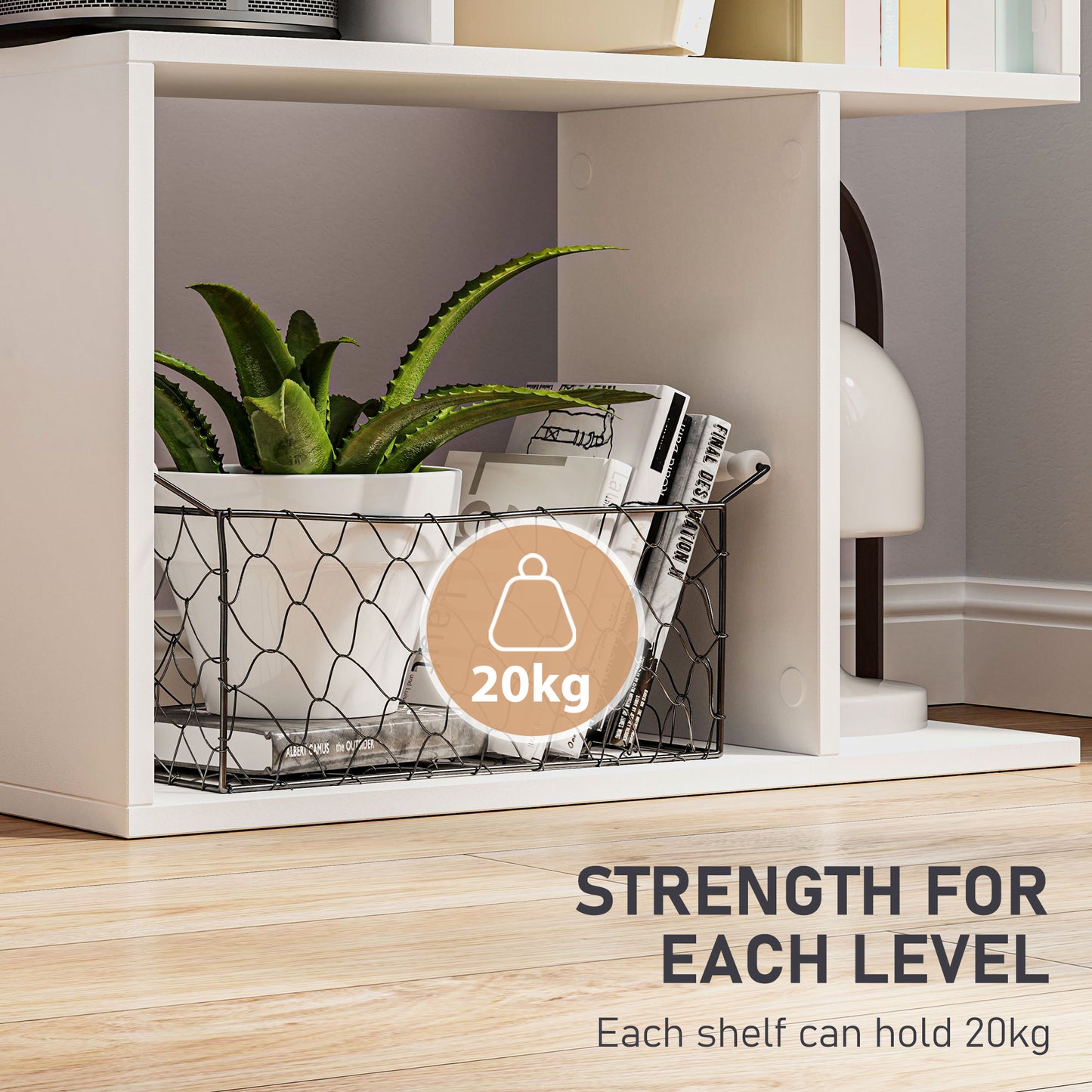HOMCOM White S Shaped Bookcase Five Tier Freestanding Open Back Wood Display Shelf For Home Office