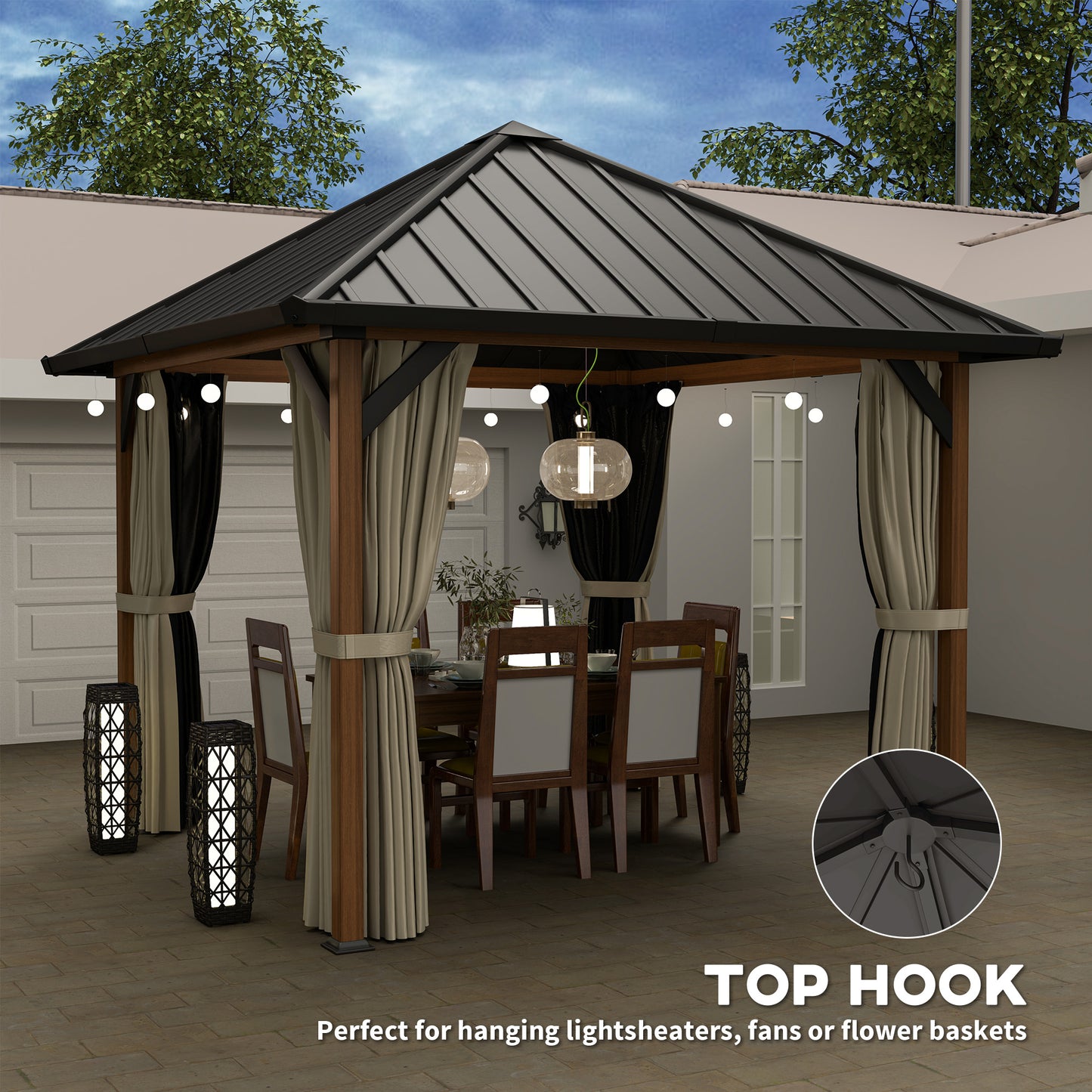 Outsunny 3x3m Hardtop Gazebo With Galvanised Roof Water Gutter Netting And Curtains For Patio Deck Walnut Wood Finish