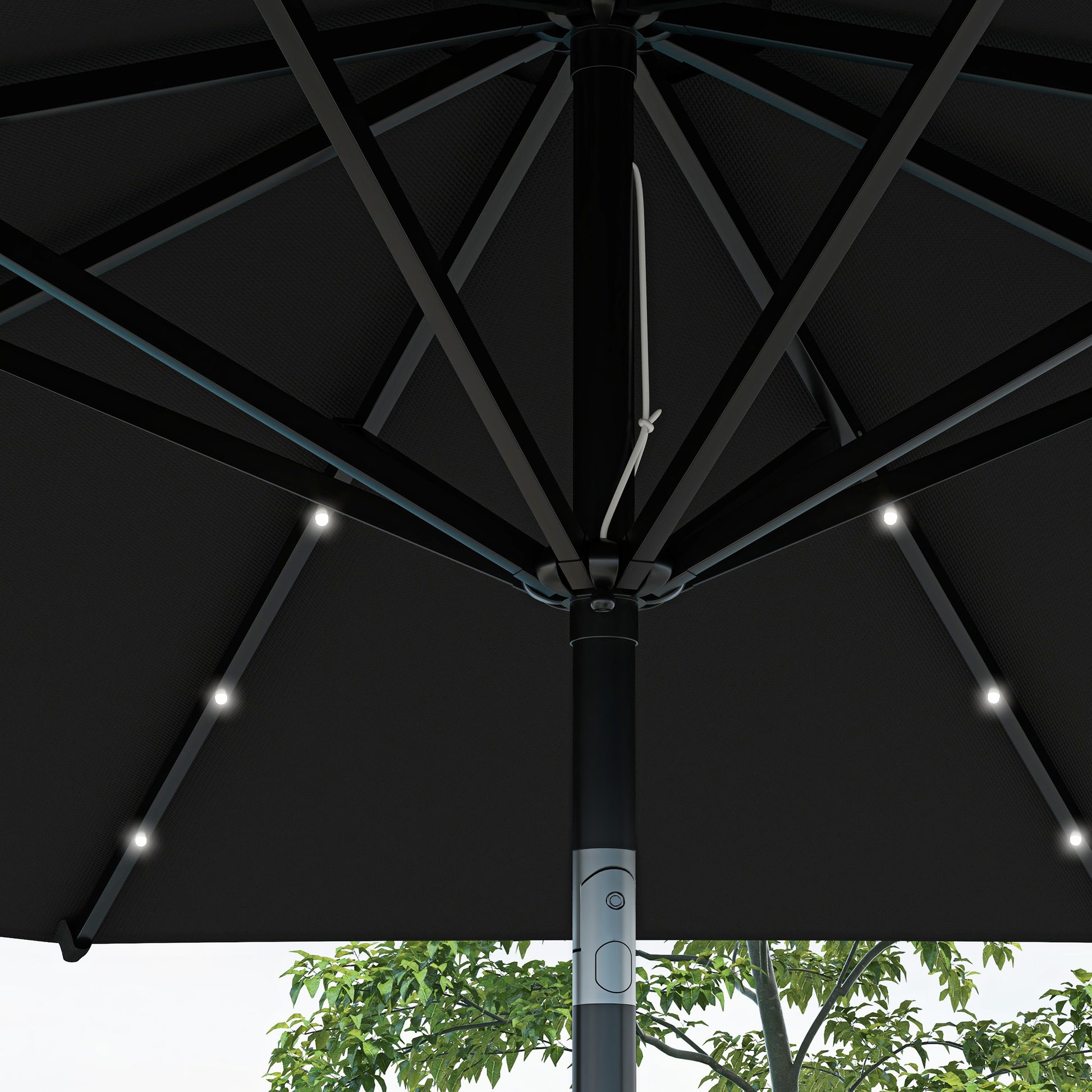 Outsunny Solar-Powered LED Garden Umbrella with Adjustable Tilt and Hand Crank, 2.7m Outdoor Patio Shade, Black - ALL4U RETAILER LTD