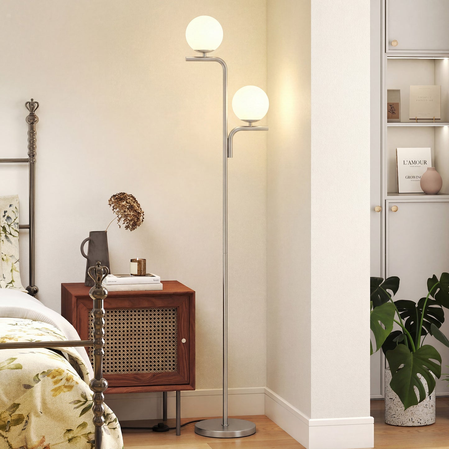 HOMCOM LED Floor Lamp Modern Standing Lamp With Three Color Temperatures Globe Glass Shades Foot Switch Silver Tone