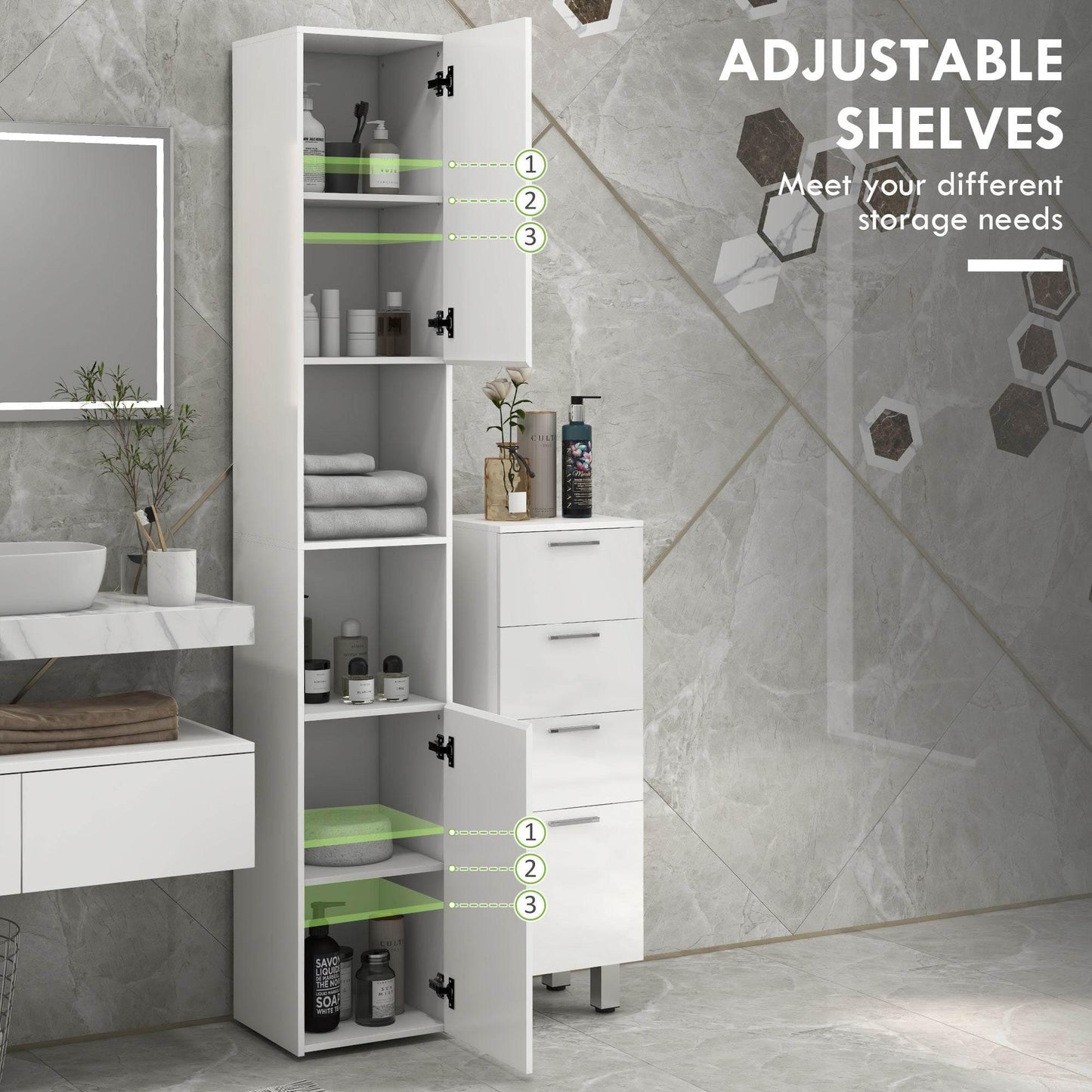 HOMCOM Sleek High Gloss White Slim Bathroom Storage Cabinet with Adjustable Shelves - ALL4U RETAILER LTD