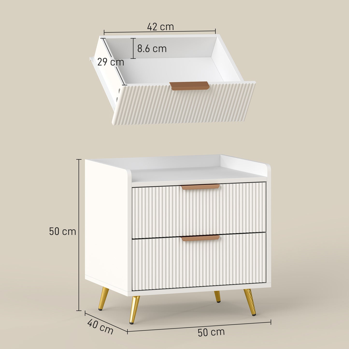 Homcom White Two Drawer Bedside Table With Gold Tone Handles And Flat Top Storage Nightstand