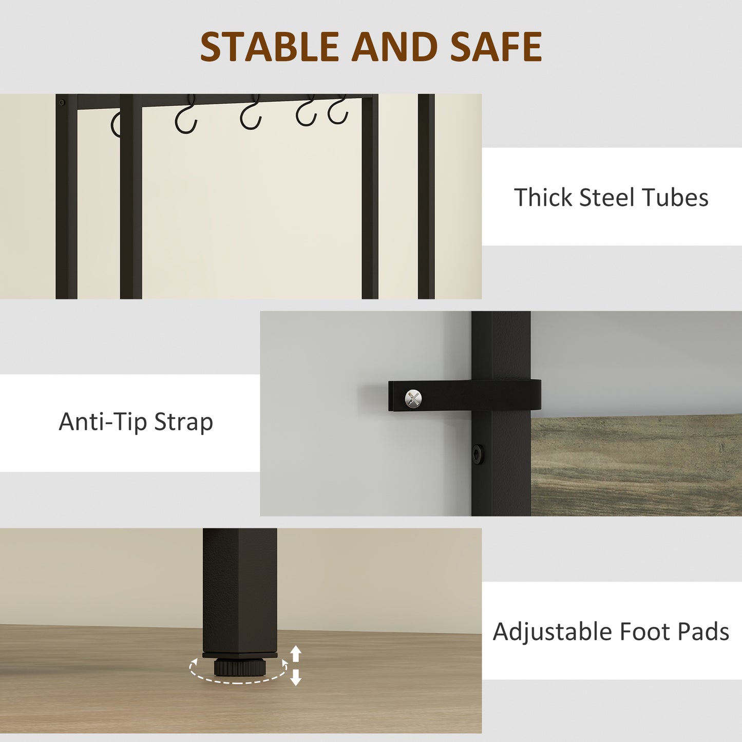 HOMCOM 5 In 1 Industrial Style Hallway Tree Grey Black Coat Rack Bench And Shoe Storage